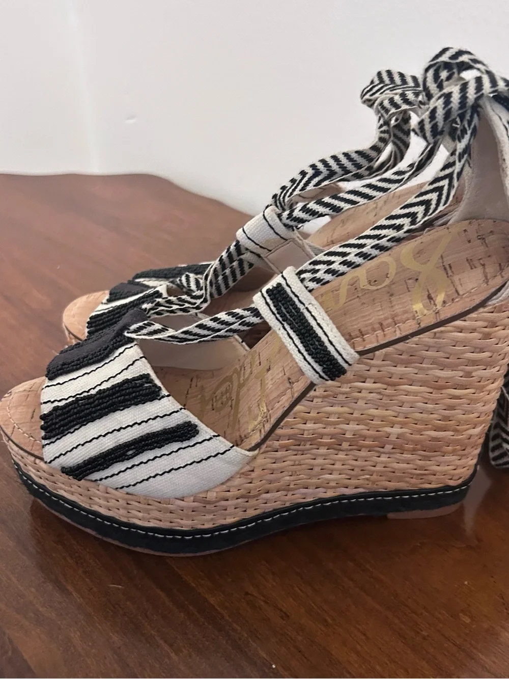 Sam Edelman Trey Black White Beaded Espadrille Wedge Platform Sandals size 8